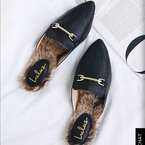 Lulu’s Antonia Black Faux Fur Slide Loafers
